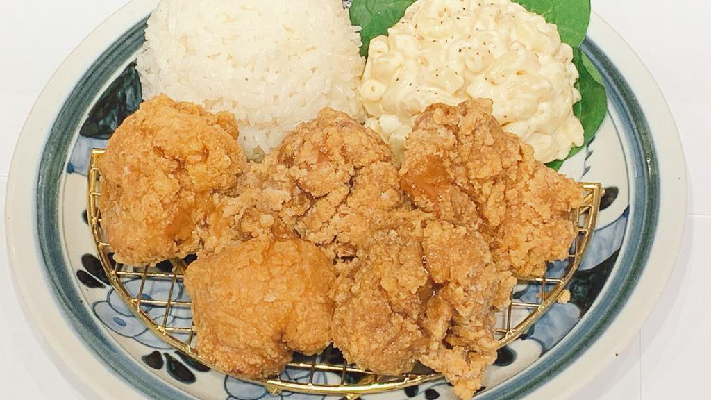 Karaage Combo · Japanese deep fried chicken (marinated in ginger, garlic sake, and soy sauce) with macaroni salad and rice,miso soup