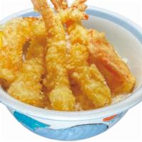 Shrimp Tempura Don · Bowl of steamed rice topped with 3 pieces of Shrimp tempura and 2 pieces of vegetable tempura.