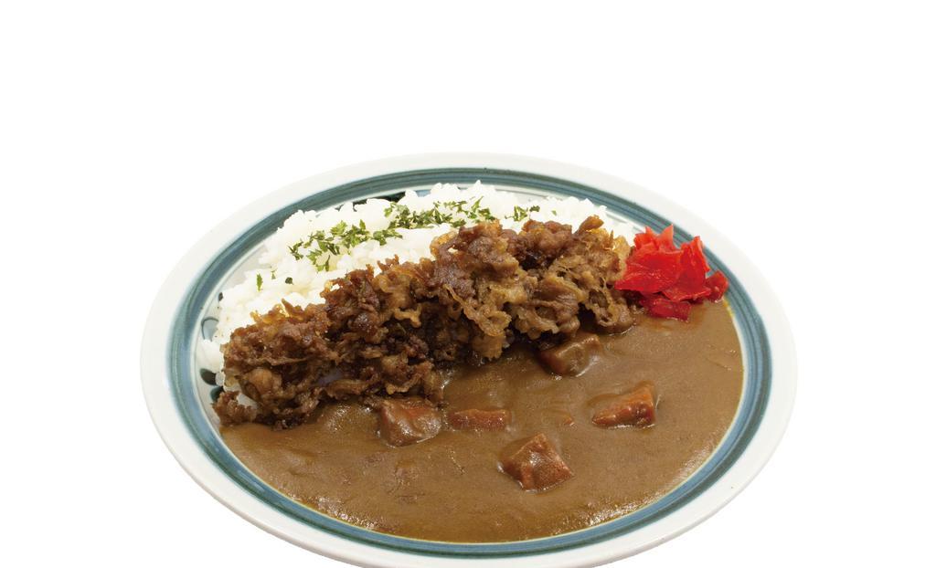 Beef Curry · Original Japanese curry sauce and steamed rice topped with sliced beef cooked in a sweet soy broth.