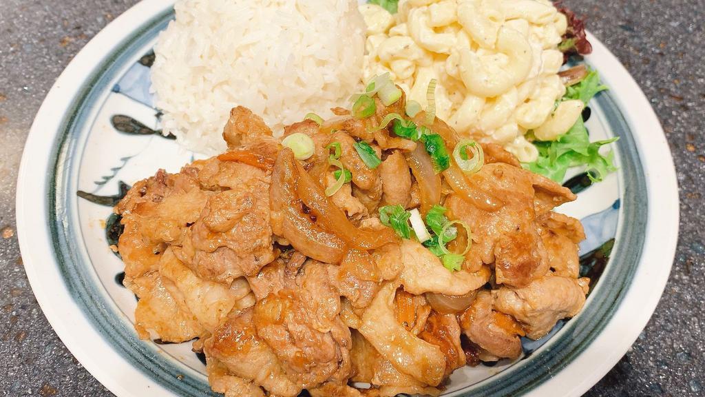 Ginger Pork Combo · Thinly sliced sautéed pork full of ginger and soy sauce flavour with macaroni salad, rice and miso soup.