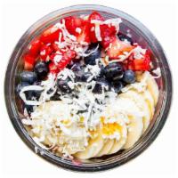Bango Bowl · Base: Organic acai, strawberries, banana, blueberries & a dash of soy milk.     Granola: Oat...