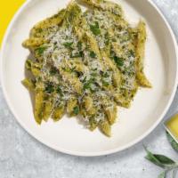 Penne Manipesto Pasta (Vegan Penne) · (Vegetarian) Fresh penne pasta cooked in a pesto sauce and topped with black pepper, parsley...