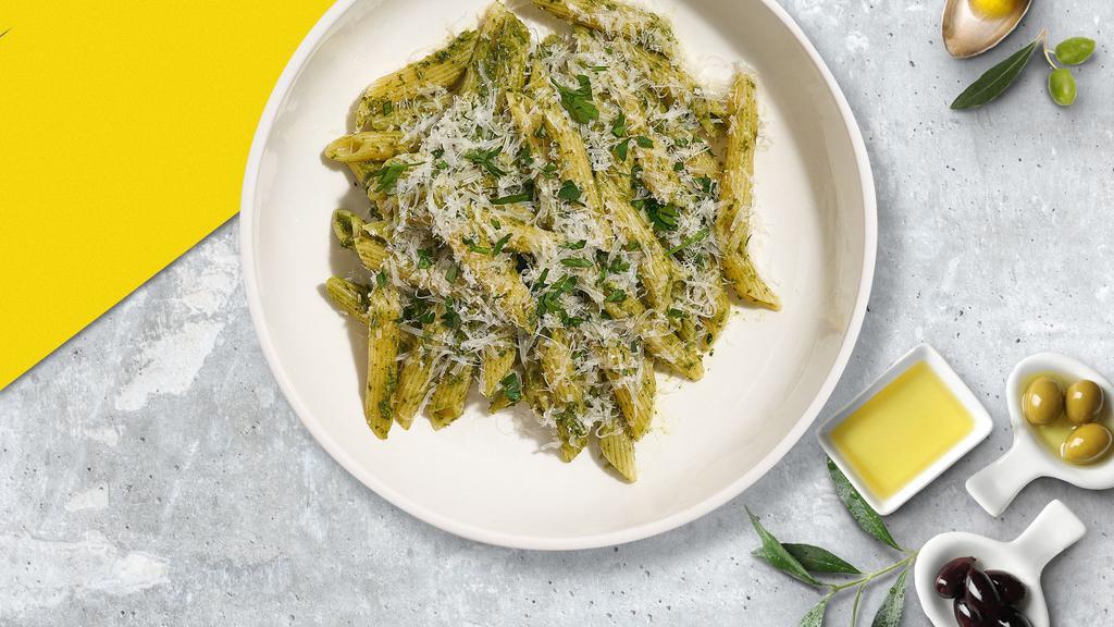 Penne Manipesto Pasta (Vegan Penne) · (Vegetarian) Fresh penne pasta cooked in a pesto sauce and topped with black pepper, parsley, and parmesan.