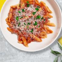 Miracle Marinara Pasta (Vegan Penne) · (Vegetarian) Fresh penne pasta cooked in a red sauce and topped with black pepper, parsley, ...
