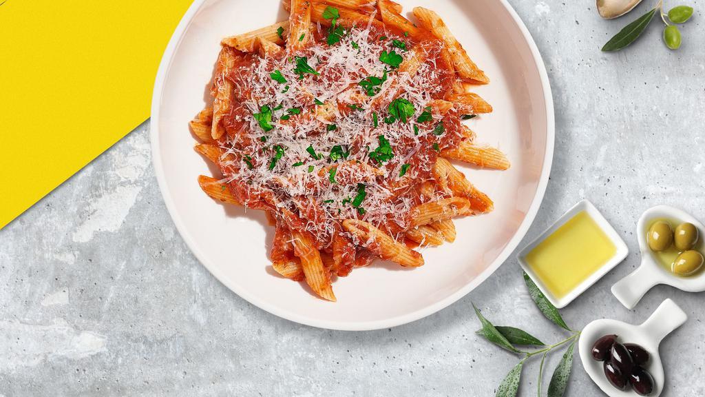 Miracle Marinara Pasta (Vegan Penne) · (Vegetarian) Fresh penne pasta cooked in a red sauce and topped with black pepper, parsley, and parmesan.