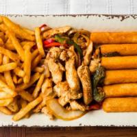 Parrilla De Pollo · Grilled chicken breast mixed peppers over French fries and yuca.