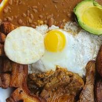 Bandeja Tipica / Typical Colombian Plate · Carne a la Plancha, Chicharrón, Arroz, Tajadas de Maduro, Frijoles, Huevo y Arepa. / Grilled...