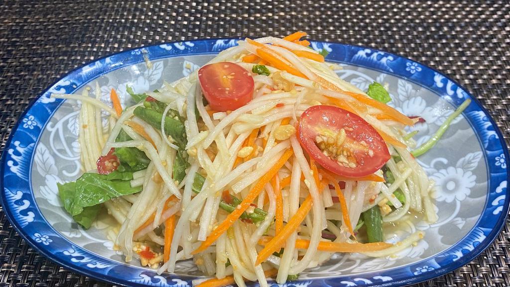 Papaya Salad · Spicy. Shredded papaya, string beans, tomatoes, and peanuts with chili-lime dressing.