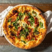 Guanciale Pizza Princeton · Spinach, guanciale(pork), shredded mozzarella, fig jam, garlic, black pepper and parmesan.