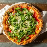 Arugula Pizza · Italian tomato, bufala, baby arugula, pepper, Parmesan, and extra virgin olive oil.