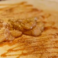 Apple Pie Crepe · Melted caramel, warm sweet apples, and graham cracker crumbs.