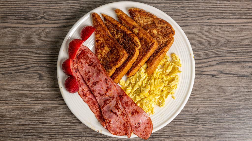French Toast · Two eggs any style with meat Turkey bacon or turkey ham ora Beef sausage, or beef bacon,or  link sausage.