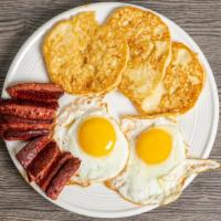 Pancakes · Two eggs any style with meat. Turkey bacon, or turkey ham, or  Beef sausage, or  beef bacon ...