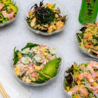 Vegetarian Bowl · Organic tofu, spring mix, edamame, oshinko, mango, ponzu sauce, seaweed strip, cherry tomato.