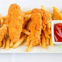 Kid'S Chick Fing With French Fries · Three chicken tenders served with French fries.