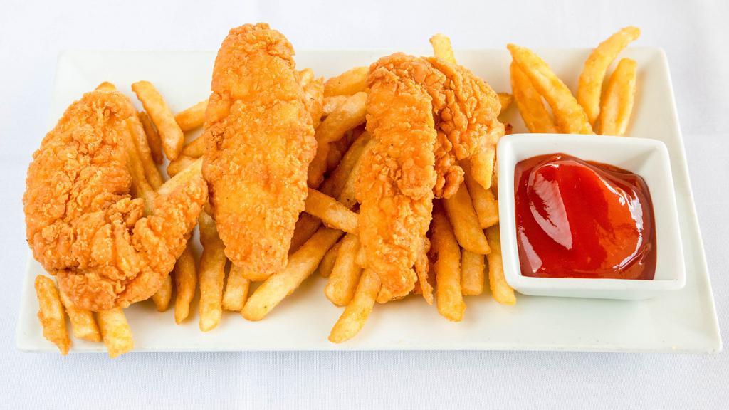 Kid'S Chick Fing With French Fries · Three chicken tenders served with French fries.