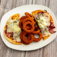 Robert De Niro Platter · Pastrami with melted Swiss, fried onions and hot peppers on pita bread. Served with onion ri...