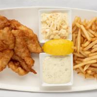 Fish & Chips · Lightly battered sole served with tartar sauce coleslaw and french fries.  Comes with House ...