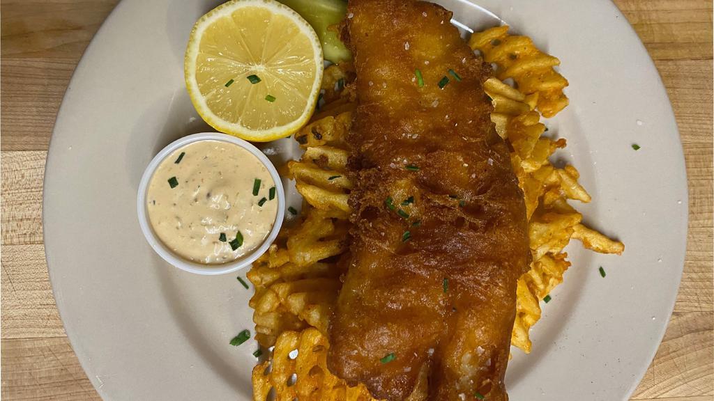 Beer Battered Fish And Chips Plate · Cod fillets battered and fried, served with fries and a lemon-caper remoulade.