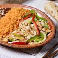 Tex-Mex Style Chicken Fajitas ( Fajitas Fajitas De Pollo ) · Slow Cooked Chicken Strips, mixed with Green and Red Peppers and Topped with Melt Mozzarella...