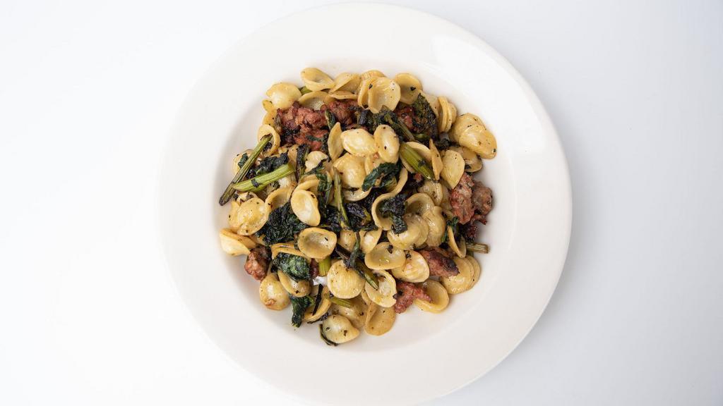 Orecchiette  · with sautéed Mixed Vegetables and sweet sausage

in garlic and oil.