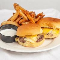 Cheeseburger Sliders · Mini version of our proprietary burger blend, American cheese, pickle chips.