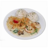 Ebi À La King. · Jumbo shrimps (peeled) in our rich, cream sauce with mushrooms, onions, bell peppers.