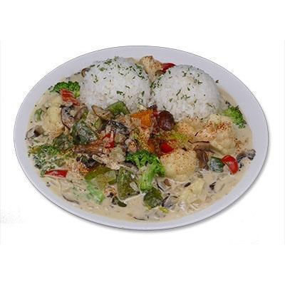 Vegi A La King. · Delicious and healthy cauliflower and broccoli in our rich, cream sauce with mushrooms, onions, bell peppers.
