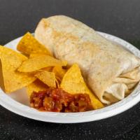 Grilled Chicken Burrito · With rice, beans, mild salsa, mixed cheese, sour cream and pico de gallo. Served with nachos...
