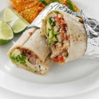 Grilled Chicken Burrito · Grilled chicken filled with rice, beans, mild salsa, melted mixed cheese, sour cream and pic...