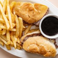 French Dip · Thinly Sliced Roast Beef grilled on Kaiser Roll and Melted Provolone Cheese, served with Au ...