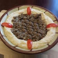 Hummus With Meat · Ground chickpeas topping with fried lamb meat.