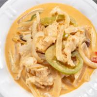 Panang Curry Chicken · Onion, bell pepper, bamboo shoot, and basil.