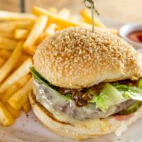 Tfs Cheeseburger · Black garlic mayo, cheddar, pickle, (with fries or salad).