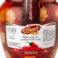 Baby Peppers Stuffed With Tuna, Spicy · A little bit spicy. Glass jar, in oil, made in Italy, 19.40oz, La Cerignola.
