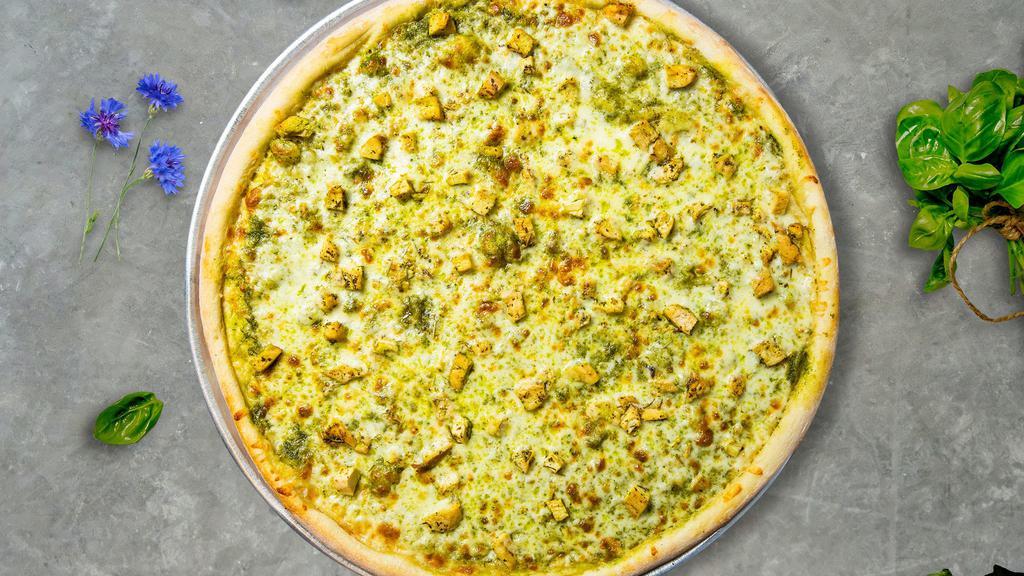 Gluten-Free Picture Perfect Pesto Pizza · (Gluten Free) All the taste. The Perfect Pesto Pie. A pesto sauce on a cauliflower pizza made with cheese, chicken, and homemade italian sauce.
