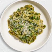 Pestorrific! Pasta Gf Fettuccine · (Gluten Free & Vegetarian) Fresh fettuccine pasta cooked in a pesto sauce and topped with bl...