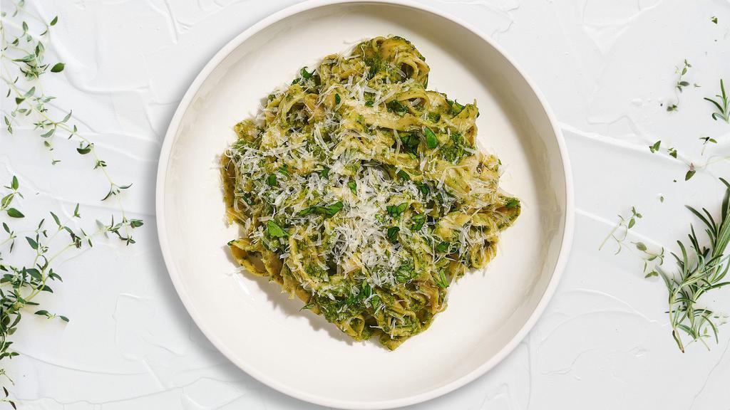 Pestorrific! Pasta Gf Fettuccine · (Gluten Free & Vegetarian) Fresh fettuccine pasta cooked in a pesto sauce and topped with black pepper, parsley, and parmesan.