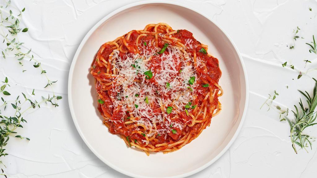Simple Swap Spicy Tomato Gf Spaghetti · (Gluten Free & Vegetarian)Fresh spaghetti cooked in a spicy tomato and topped with parmesan, parsley, and garlic.