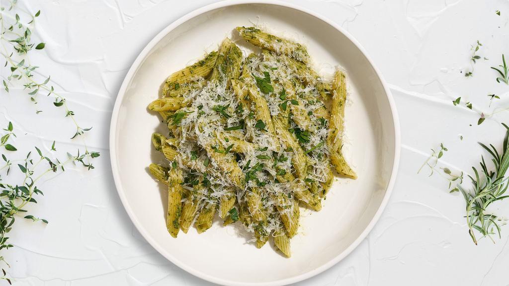 Presto Pesto Pasta Gf Penne · (Gluten Free & Vegetarian) Fresh penne pasta cooked in a pesto sauce and topped with black pepper, parsley, and parmesan.
