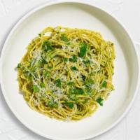 Pesto Pristine Gf Spaghetti · (Gluten Free & Vegetarian) Fresh spaghetti cooked in a pesto sauce and topped with parmesan,...