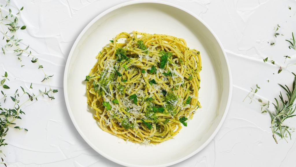 Pesto Pristine Gf Spaghetti · (Gluten Free & Vegetarian) Fresh spaghetti cooked in a pesto sauce and topped with parmesan, parsley, and garlic.