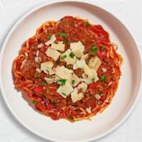 Next Level Vegan Bolognese Gf Spaghetti · (Gluten Free) Fresh spaghetti cooked in a meaty red sauce and topped with parmesan, parsley,...