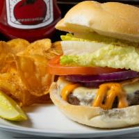 Firehouse Burger · Pepper Jack, chipotle aioli, lettuce, tomato, onion