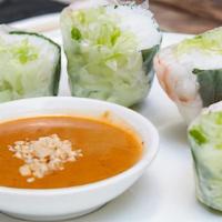 Shrimp Summer Roll · Gluten free.One roll in four pieces; rice wrapper, rice noodle, shrimp, scallion peanut curr...
