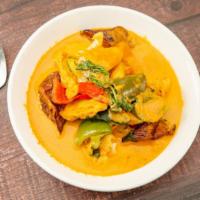 Panang Vegetable Curry · Gluten free. Eggplant, zucchini, peppers, cauliflower, squash, fish sauce, curry spice and c...