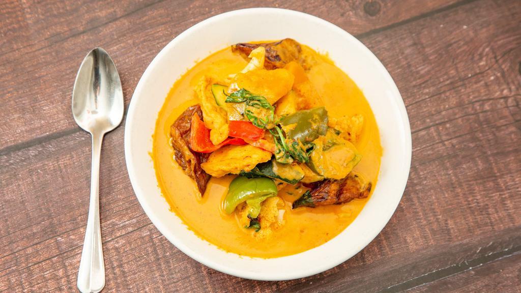 Panang Vegetable Curry · Gluten free. Eggplant, zucchini, peppers, cauliflower, squash, fish sauce, curry spice and coconut milk, white rice.