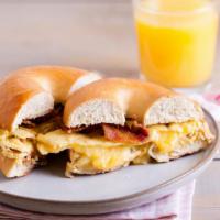 The Bacon, Egg, And Cheese Bagel · Fresh eggs, bacon, and creamy cheese stuffed in between a bagel of your choice.
