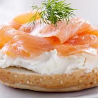Lox Bagel With Cream Cheese · Fresh smoked salmon and creamy cream cheese stuffed in between a bagel of your choice.