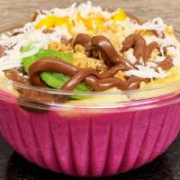 Pitaya Bowl · A base blend of organic pitaya, banana, strawberry, mango, coconut and almond milk.
Toppings...
